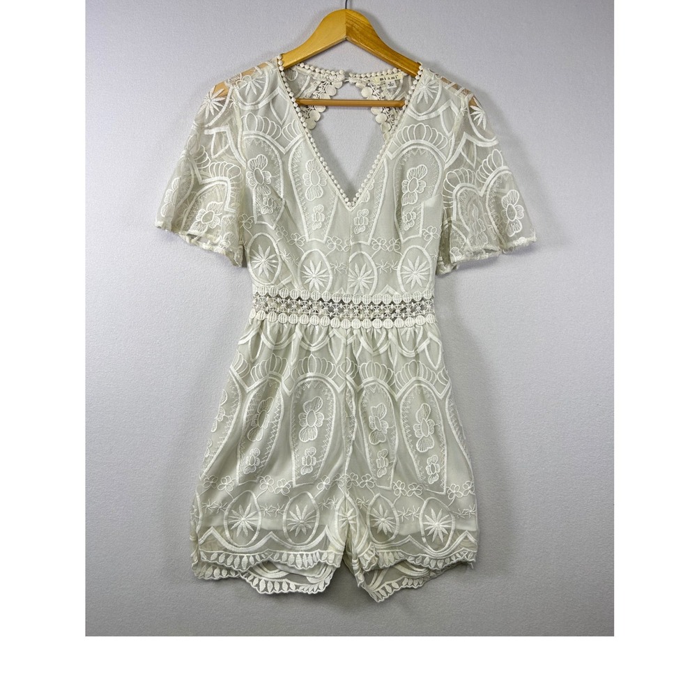 mi ami Babette Romper Women Size S Ivory Floral Lace Open Back Crochet Waist